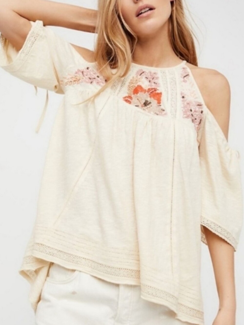Free People Cream Cold-Shoulder Embroidered Tunic with Orange & Pink Accents